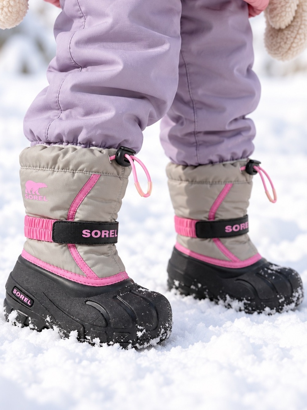 Sorel Flurry Snow Boots Kids Size 9 Gray Pink Winter Waterproof Pull On